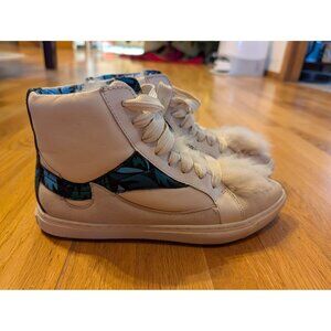 Soft leather COACH Women’s High-Top Sneakers Shearling Fur White Blue Floral Q88